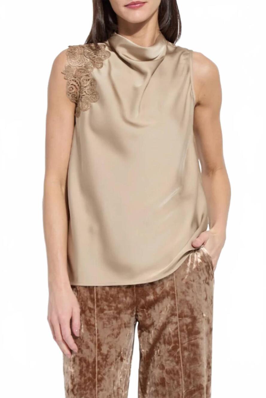 NEW LYSSE guipure lace trim shell top in beige